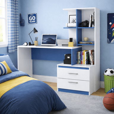 ESCRITORIO CON ESTANTE ENSUEÑO DE MELAMINA COMPACTO V2 130 CM X 45 CM BLANCO AZUL