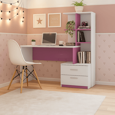 ESCRITORIO CON ESTANTE ENSUEÑO DE MELAMINA COMPACTO V2 130 CM X 45 CM BLANCO LILA