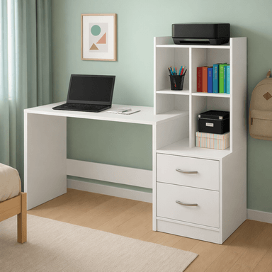 ESCRITORIO CON ESTANTE ENSUEÑO DE MELAMINA COMPACTO V5 130 CM X 45 CM BLANCO