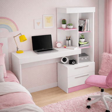 ESCRITORIO CON ESTANTE ENSUEÑO DE MELAMINA COMPACTO V6 130 CM X 45 CM BLANCO ROSA