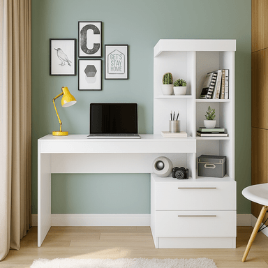ESCRITORIO CON ESTANTE ENSUEÑO DE MELAMINA COMPACTO V6 130 CM X 45 CM BLANCO