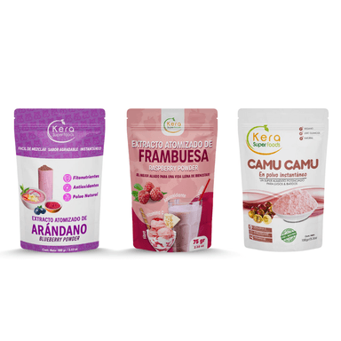 PACK KERA SUPERFOODS POLVOS ATOMIZADOS ARANDANO 100G + FRAMBUESA 75G + CAMU CAMU 100G