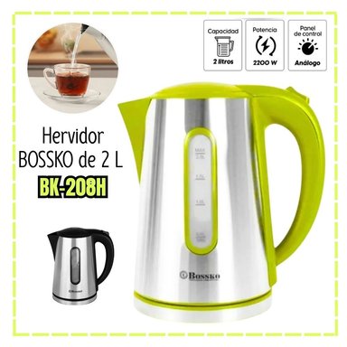 HERVIDOR ELÉCTRICO BOSSKO 2 LITROS ACERO 2200 WATTS BK-208H