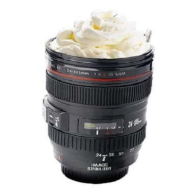 TAZA HERMÉTICA MUG DISEÑO LENTE DE CAMARA TAPA PLANA - NEGRO