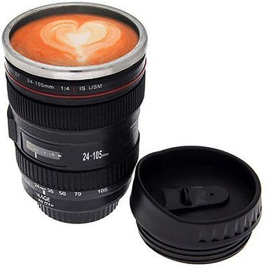 TAZA HERMÉTICA MUG DISEÑO LENTE DE CAMARA TAPA CON BOQUILLA NEGRO