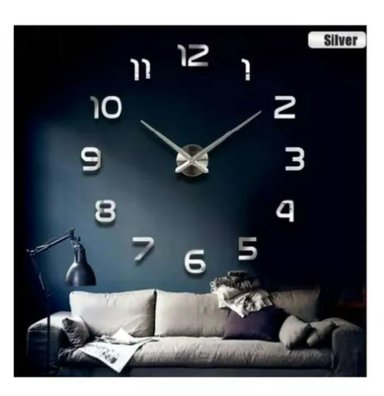 RELOJ 3D GIGANTE 120CM PLATEADO PARED DECO ESPEJO