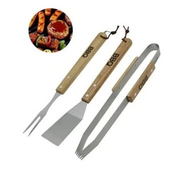 JUEGO UTENSILIOS COCINA MARRÓN CLARO ACERO INOXIDABLE BARBACOA