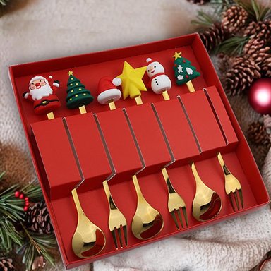 JUEGO DE CUBIERTOS DORADOS 6 PIEZAS CUCHARAS Y TENEDORES DE NAVIDAD