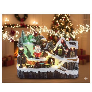 VILLA NAVIDEÑA PAPA NOEL Y TREN GIRATORIOS ANIMADOS LUZ LED