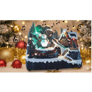 VILLA NAVIDEÑA MUÑECO NIEVE Y TREN GIRATORIOS ANIMADOS LUZ LED - 2