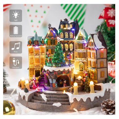 VILLA PUEBLO NAVIDEÑO ÁRBOL Y PATINADORES GIRATORIOS MUSICAL LUZ LED