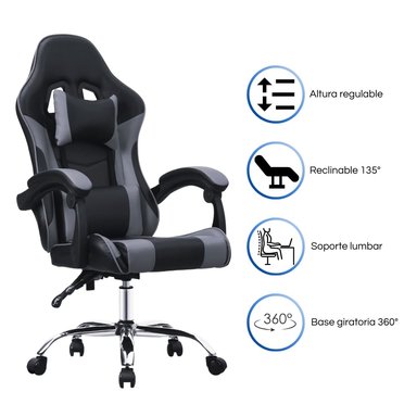 SILLA GRIS GAMER ERGONÓMICA OFICINA CON RUEDAS GC-2223 - 2