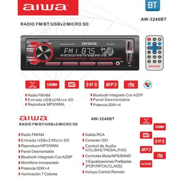 AUTORADIO AIWA AW-3240BT BLUETOOTH USB AUX 7 COLORES PANEL DESMONTABLE - 4