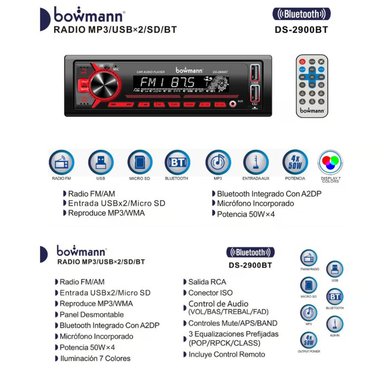 AUTORADIO BOWMANN DS-2900BT BLUETOOTH AUX DESMONTABLE USBX2 7 COLORES - 3