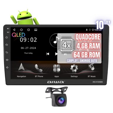 AUTORADIO ANDROID AIWA QUADCORE 4 GB + 64 GB 10'' CON ANDROIDAUTO CARPLAY 2 DIN QLED AW-A1040BS