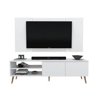 CENTRO DE ENTRETENIMIENTO MOVENDA MUEBLES CAXIAS 65' MESA DE TV Y PANEL MOVENDA CON PATAS DE MADERA BLANCO