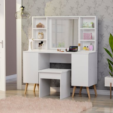 TOCADOR MOVENDA MUEBLES ZAFIRO BLANCO CON ESPEJO Y BANQUETA 2 PUERTAS - 2