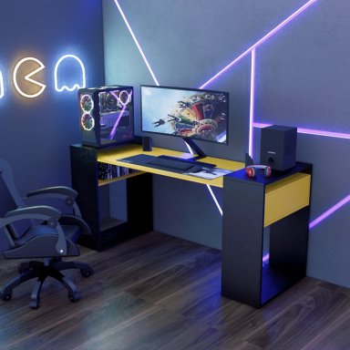 ESCRITORIO GAMER MOVENDA MUEBLES GAMER NR04 180 CM X 63 CM NEGRO CON AMARILLO NR 04