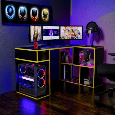 ESCRITORIO GAMER MOVENDA MUEBLES GAMER NR11 50 CM X 133 CM NEGRO/AMARILLO EN L X80CM NR 11