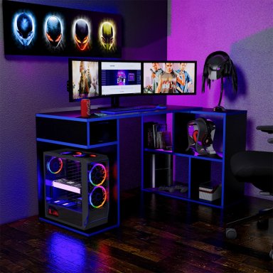 ESCRITORIO GAMER MOVENDA MUEBLES GAMER NR11 50 CM X 133 CM NEGRO/AZUL EN L X80CM NR 11