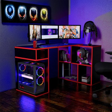 ESCRITORIO GAMER MOVENDA MUEBLES GAMER NR11 80 CM X 133 CM NEGRO/ROJO EN L XCM NR 11 - 1