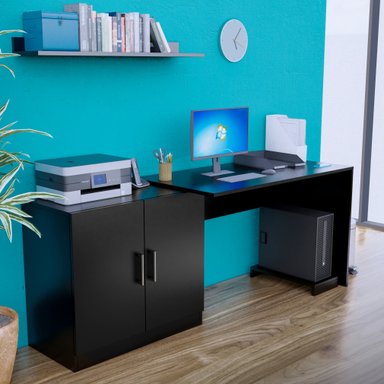 ESCRITORIO MOVENDA MUEBLES CLARA 188 CM X 60 CM NEGRO CON REPISA Y PORTA CPU CM 2 PUERTAS - 2