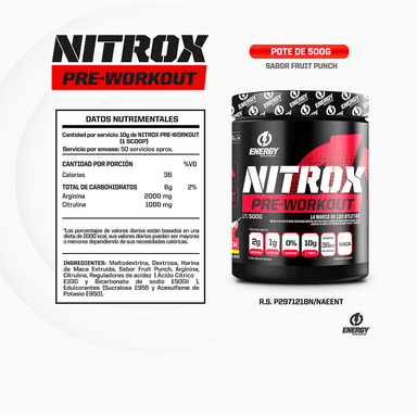 CREATINA ENERGY NUTRITION EN POLVO AMINOÁCIDO NITROX PRE-WORDKOUT FRUIT PUNCH 500GR + SHAKER - 3