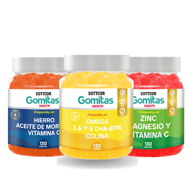 PACK HIERRO 100G + OMEGA 100G + ZINC 100GG PARA ADULTOS GOMITAS SOTTCOR - 1
