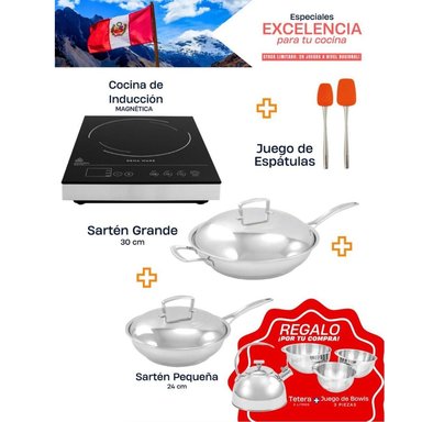 COMBO RENA WARE COCINA DE INDUCCIÓN + SARTEN GRANDE 30CM+ SARTEN PEQUEÑO 24CM + JUEGO DE ESPÁTULAS