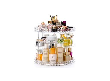 ORGANIZADOR PLATEADO MAQUILLAJE ACRILICO GIRATORIO 360 GRADOS