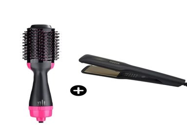 CEPILLO ALISADOR ONDULADOR ONE STEP 4 EN 1 + PLANCHA PARA CABELLO PROFESIONAL ROZIA NEGRA