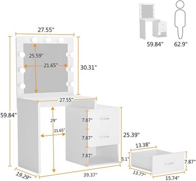 TOCADOR MAQUILLAJE MUEBLES CRISOSTOMO HOME OFICCE BLANCO CON LUCES 100CM - 4