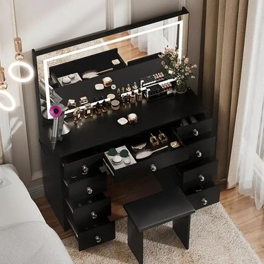 TOCADOR DE MAQUILLAJE CON ESPEJO Y LUCES NEGRO 110CM - 2