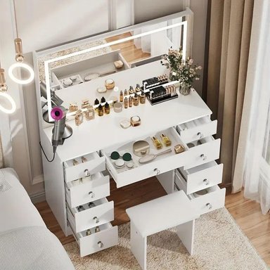 TOCADOR DE MAQUILLAJE CON ESPEJO Y LUCES BLANCO 110CM - 2
