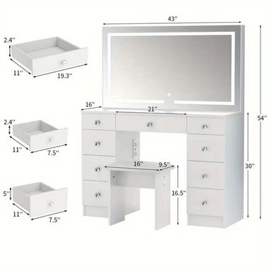 TOCADOR DE MAQUILLAJE CON ESPEJO Y LUCES BLANCO 110CM - 3