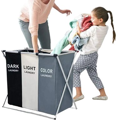CESTO EL MEJOR PRECIO 3 DIVISIONES GRIS ORGANIZADOR LAVANDERIA CESTA ROPA PLEGABLE AHORRA ESPACIO