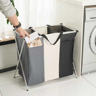 CESTO EL MEJOR PRECIO 3 DIVISIONES GRIS ORGANIZADOR LAVANDERIA CESTA ROPA PLEGABLE AHORRA ESPACIO - 4