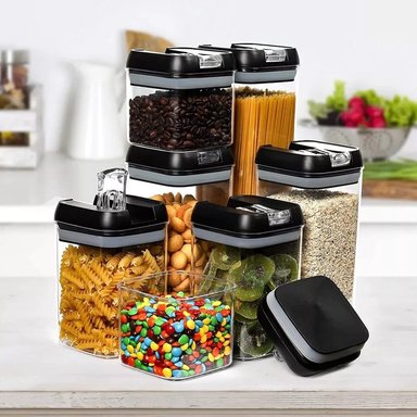 SET 7 FRASCOS EL MEJOR PRECIO HERMÉTICOS A PRESIÓN ORGANIZADORES COCINA TAPA NEGRA CLIP TRANSPARENTE - 2