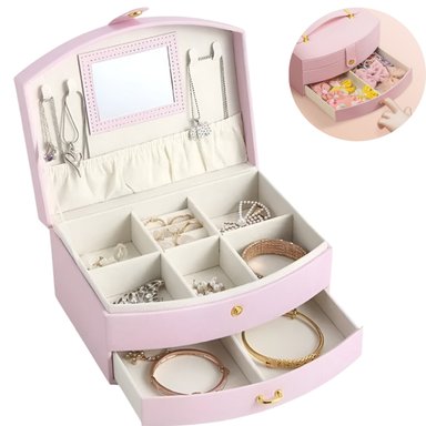 JOYERO DE 2 NIVELES CON ESPEJO MODELO M8 ROSADO