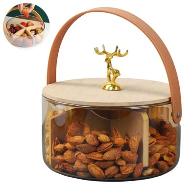 CENTRO DE MESA DECORATIVO CON 4 DIVISIONES, ASA Y TAPA DE BAMBÚ