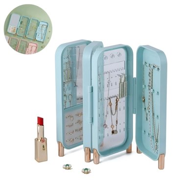 JOYERO DE 4 CAPAS PLEGABLE CON ESPEJO CELESTE
