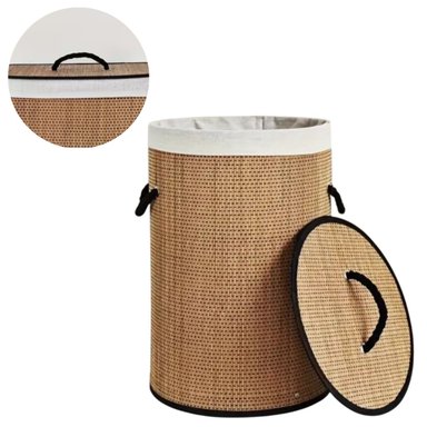 CESTO ORGANIZADOR DE ROPA CON TAPA BAMBÚ Y FORRO INTERNO REDONDO ASA NEGRA