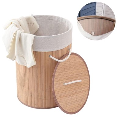 CESTO ORGANIZADOR DE ROPA CON TAPA BAMBÚ Y FORRO INTERNO REDONDO ASA BLANCA