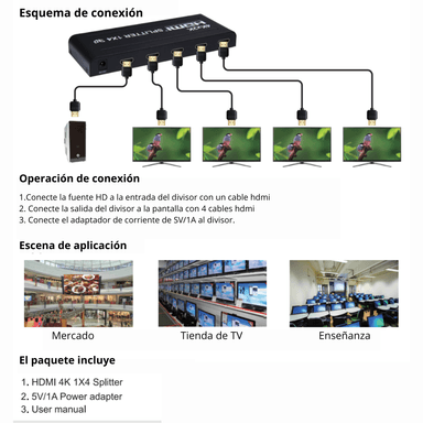 SPLITTER DIVISOR TRANSMISOR HDMI VIDEO AUDIO 1X4 4K SMF7847 - 2