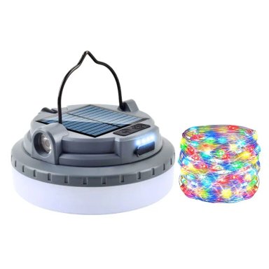 LÁMPARA SOLAR CAMPING 3 MODOS CON GUIRNALDA RGB 10 METROS