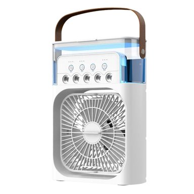 VENTILADOR ENFRIADOR DE AIRE PORTÁTIL USB CON HUMIDIFICADOR LUZ LED Y TEMPORIZADOR