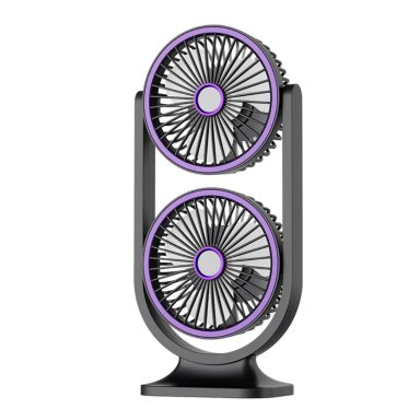 VENTILADOR DE ESCRITORIO DOBLE CABEZAL RECARGABLE CON ROTACIÓN 360°, 3 VELOCIDADES Y LUZ LED