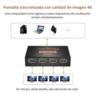 SPLITTER HDMI 1X4 4K UHD 30HZ PARA DUPLICAR SEÑAL A 4 PANTALLAS PLUG Y PLAY DIVISOR HDMI - 3