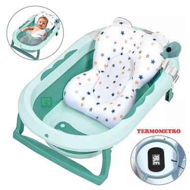 BAÑERA TINA DE BAÑO PLEGABLE BALLENITA CON TERMÓMETRO VERDE