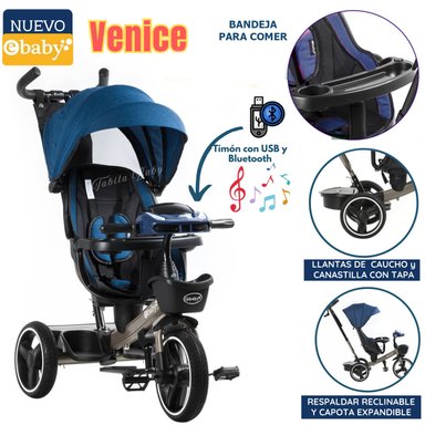 TRICICLO EBABY EB367 AZUL GUIADOR NIÑOS USB Y BLUETOOH VENICE